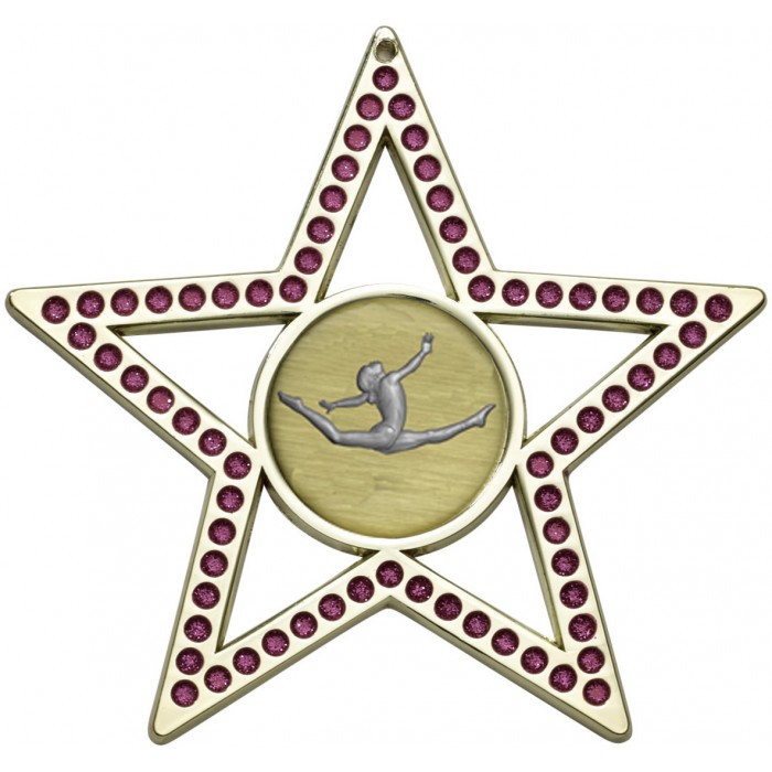 PINK STAR GYMNASTICS MEDAL - 75MM  - GOLD, SILVER, BRONZE 